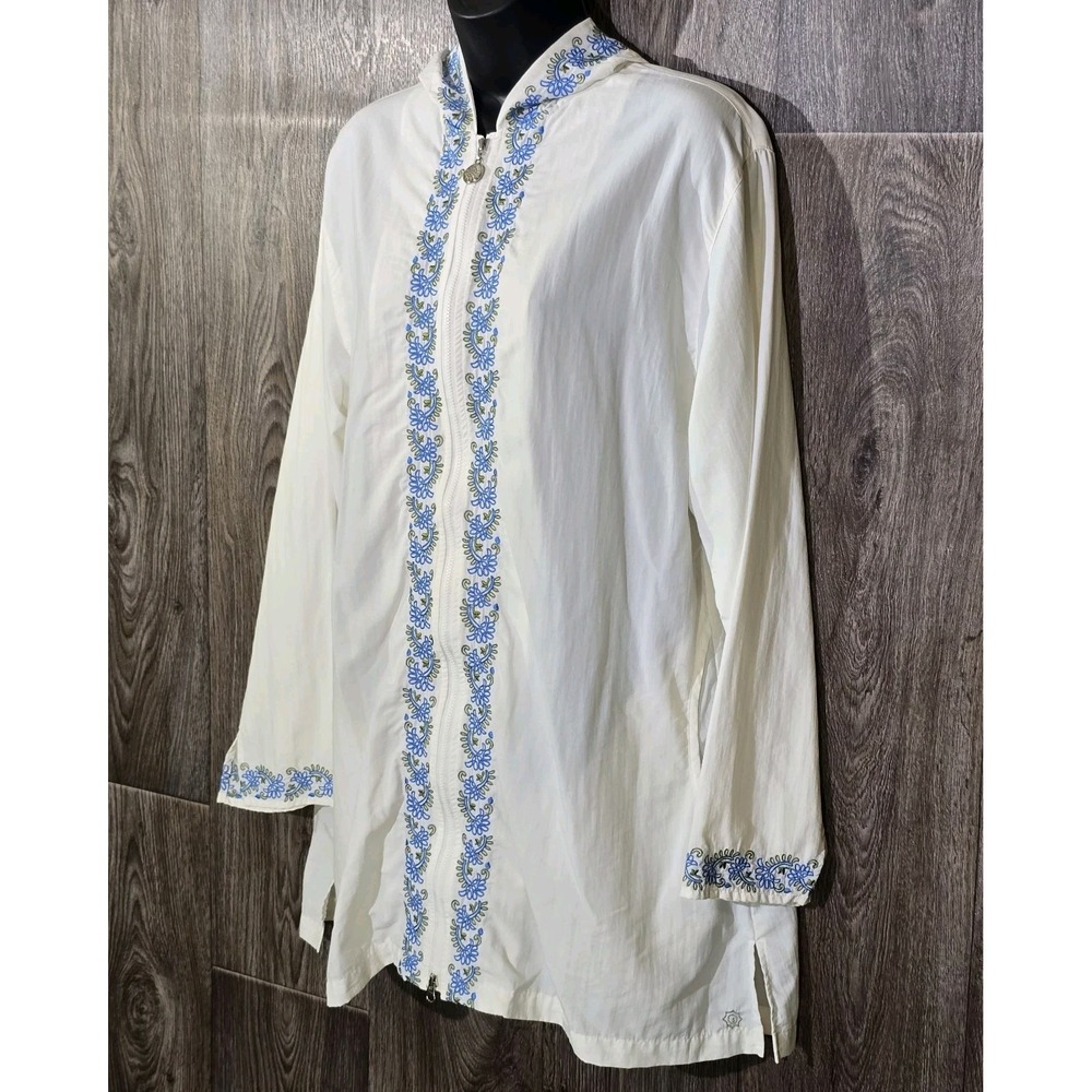 Sahalie Women's Small White Nylon Hooded Zip-Front Jacket Blue Floral Mid-Length